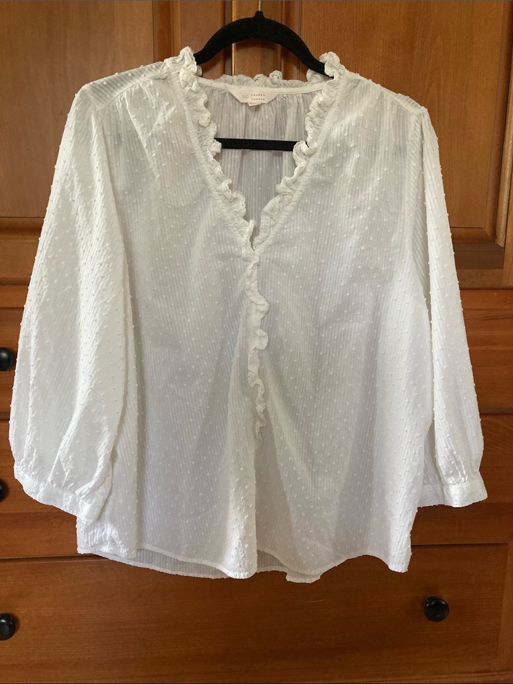 LC Lauren Conrad White Ruffle-Trim Swiss Dot Blouse
